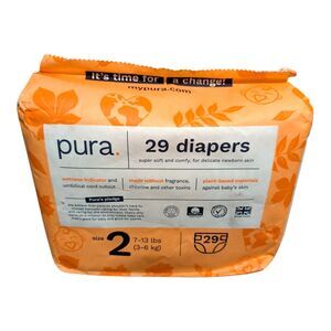 Pura Size 2: 7-13 lbs Eco-Friendly 29 Diapers Cotton Plant Based Allergy Free